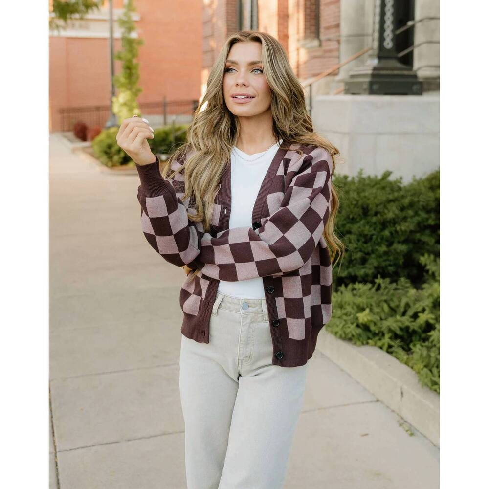 NEW INDIE & CO hunter checker cardigan in brown - Picture 2 of 8
